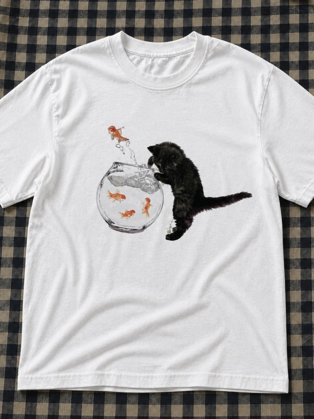 White Tee with Black Kitten & Orange Goldfish Graphic